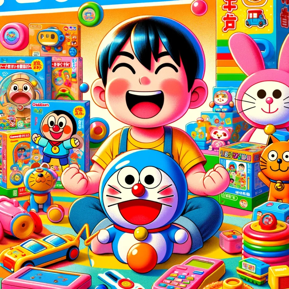 カラフルなおもちゃで遊ぶ子ども。人気キャラクターのアンパンマンやドラえもん、学研の教育玩具が揃い、背景には「おもちゃサブスク チャチャチャ」のバナーが表示されている。