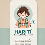 "Haritiのイラスト: ハーネスとリュックを身に着けた幸せそうな子供のシンプルでクリーンなイラスト。背景はソフトな色合いでミニマルなデザイン。画像の上部には「Hariti - Ensuring Child Safety and Comfort」というテキストが含まれています。"