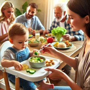 母親が2歳児に柔らかい食事を提供し、家族全員が同じテーブルで食事を楽しんでいるシーン