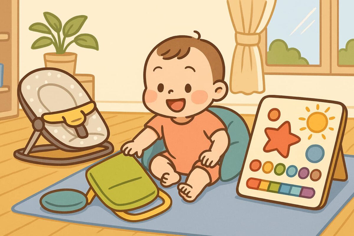 プレイマットの上で知育玩具に夢中な赤ちゃんのイラスト