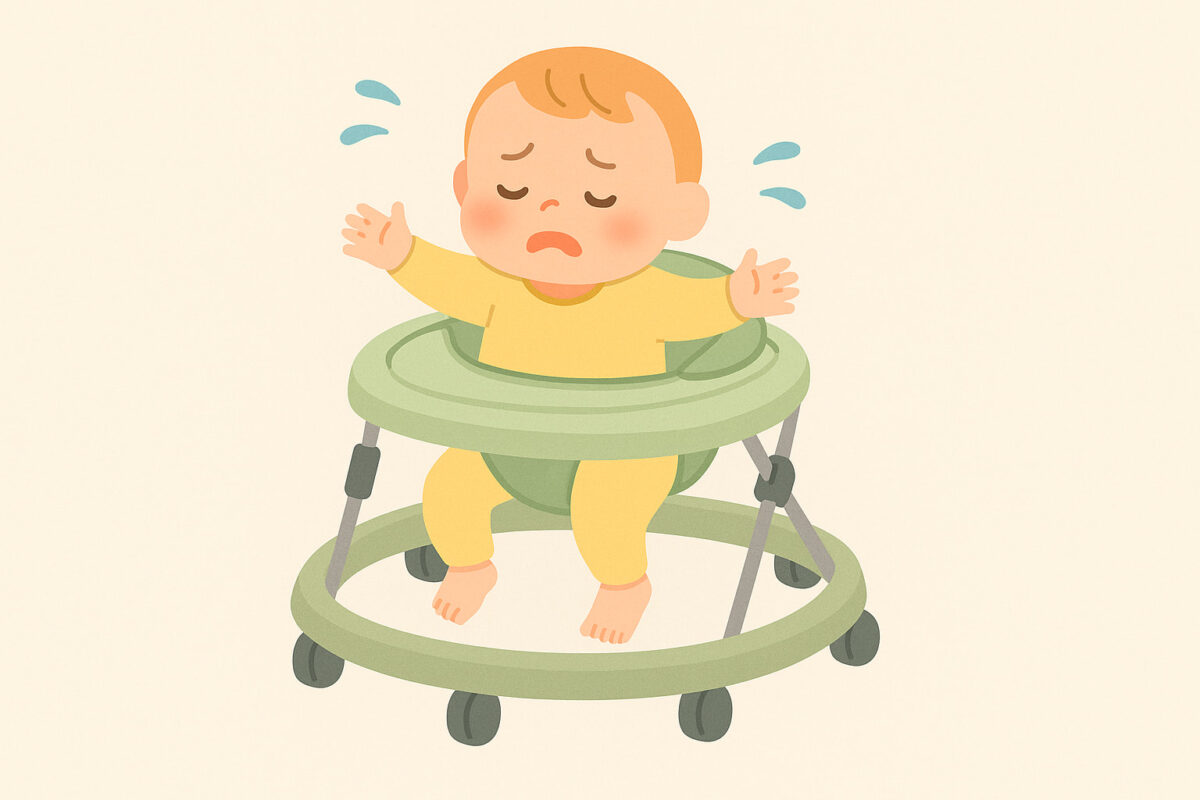 腰がすわっていない状態で不安そうな表情の赤ちゃんが歩行器に乗っているイラスト