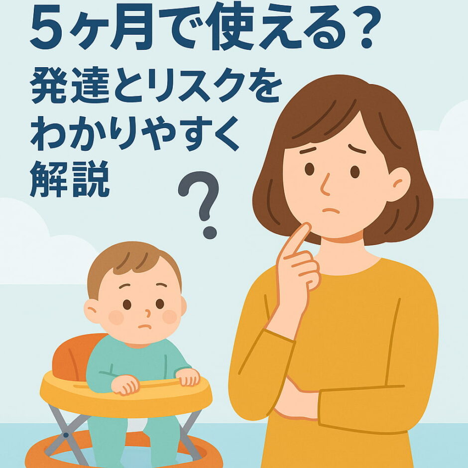 歩行器を5ヶ月で使うことに悩む母親と歩行器に乗る赤ちゃんのイラスト