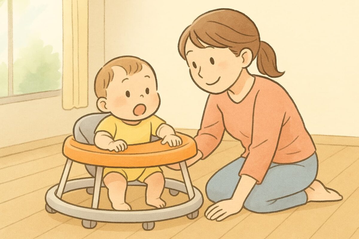 母親と赤ちゃんがプレイマットの上で這う様子を描いたデジタルイラスト。自然な動きと発達を強調している。