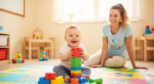 明るく安全な保育室で、保育士が見守る中、生後10ヶ月ごろの赤ちゃんが楽しそうに積み木で遊んでいるイラスト。