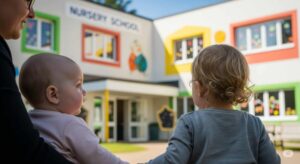 カラフルで楽しそうな保育園の建物を赤ちゃんと幼児が眺めているイラスト。