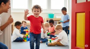 2歳近くなった子どもが、親に手を振りながら元気に保育園の教室に入っていくイラスト。