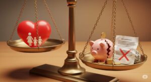 子どもと過ごす時間を象徴するハートと、育休延長に伴う金銭的・手続き的な課題を象徴する豚の貯金箱や書類を天秤にかけているイラスト。