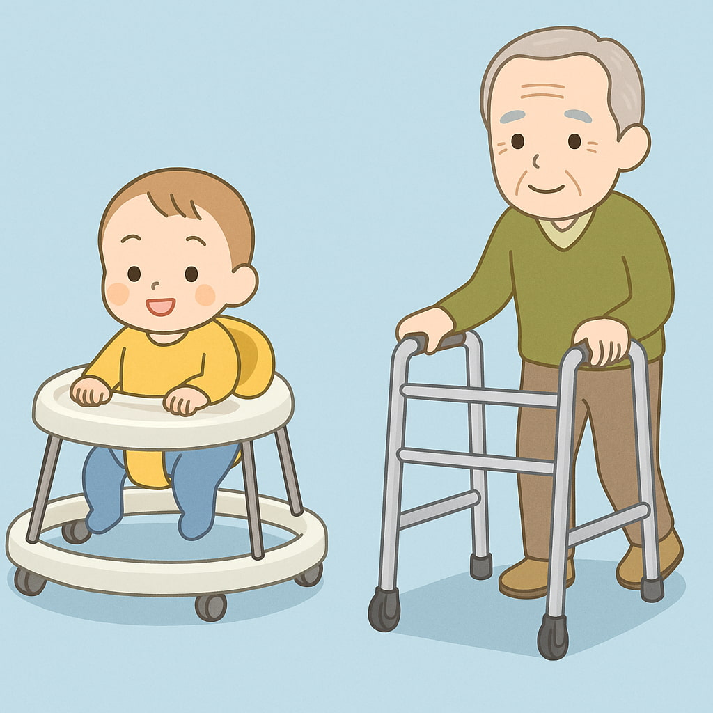 赤ちゃん用歩行器と高齢者用歩行器を並べて比較しているイラスト