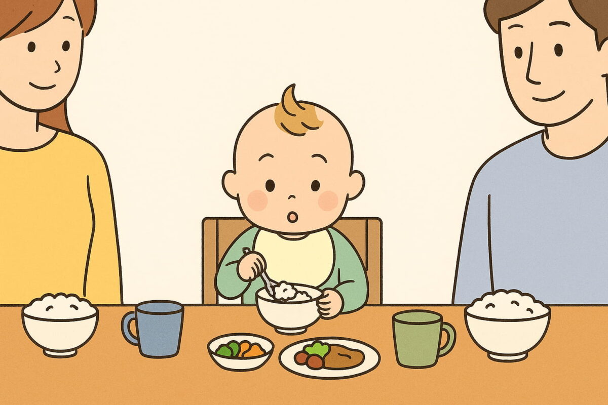 歳の赤ちゃんが家族と一緒に食卓でごはんを食べようとしているイラスト