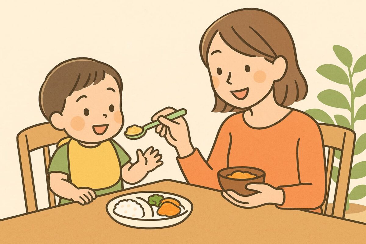 1歳半〜2歳の子どもに食事を与える母親のイラスト