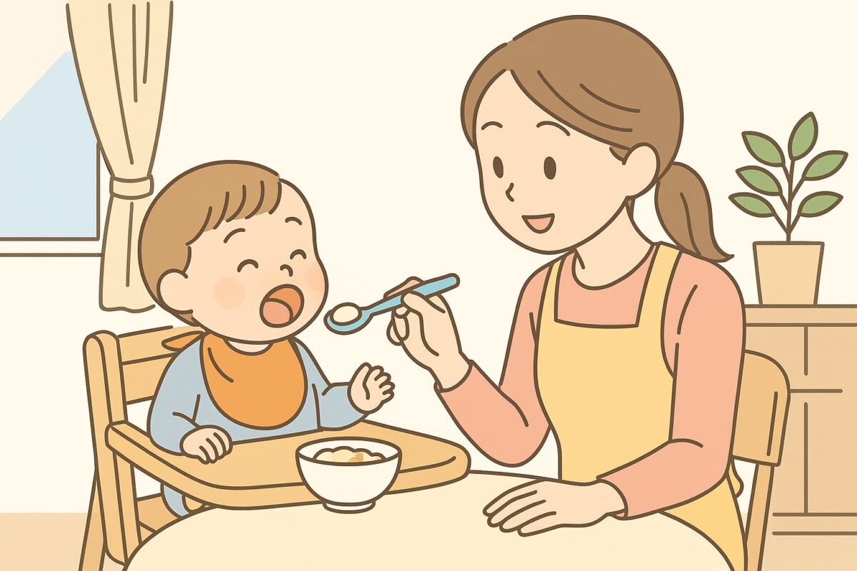 1歳の子どもに離乳食をあげている母親のイラスト