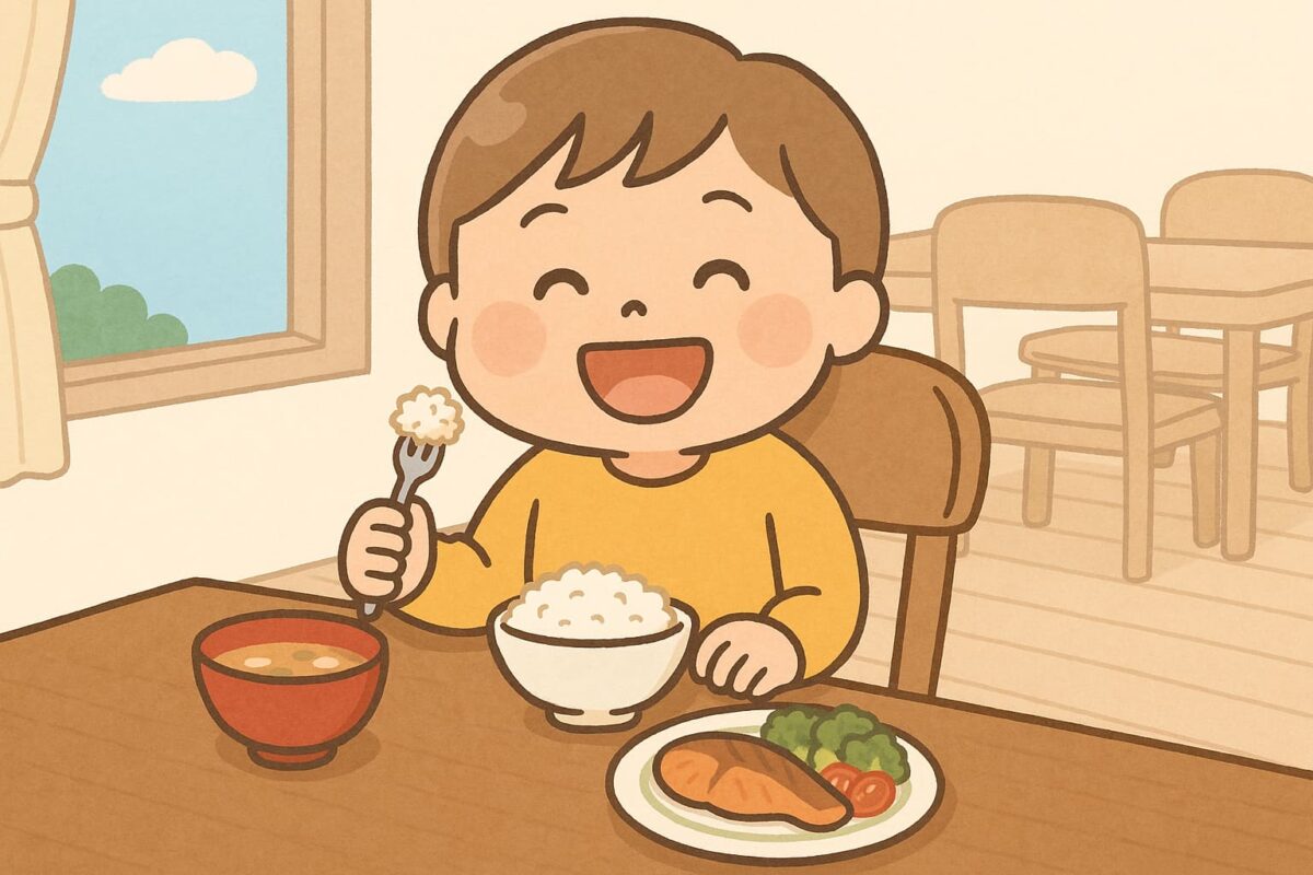 フォークでごはんを食べる3歳の子どものイラスト