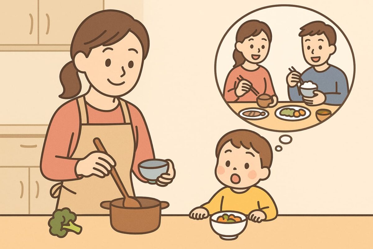 母親と子どもが台所で食事の準備をしているイラスト