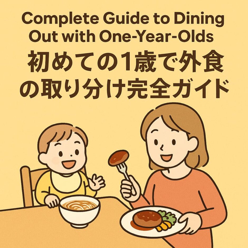 1歳の子どもと母親がレストランでうどんとハンバーグを取り分けて楽しく食事しているイラスト