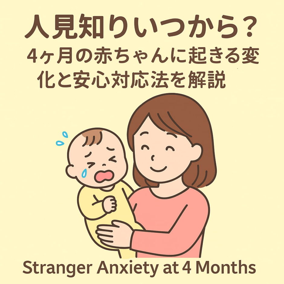 泣いている4ヶ月の赤ちゃんを優しく抱く母親のイラストと「人見知りいつから？4ヶ月の赤ちゃんに起きる変化と安心対応法を解説」の日本語タイトル入り画像