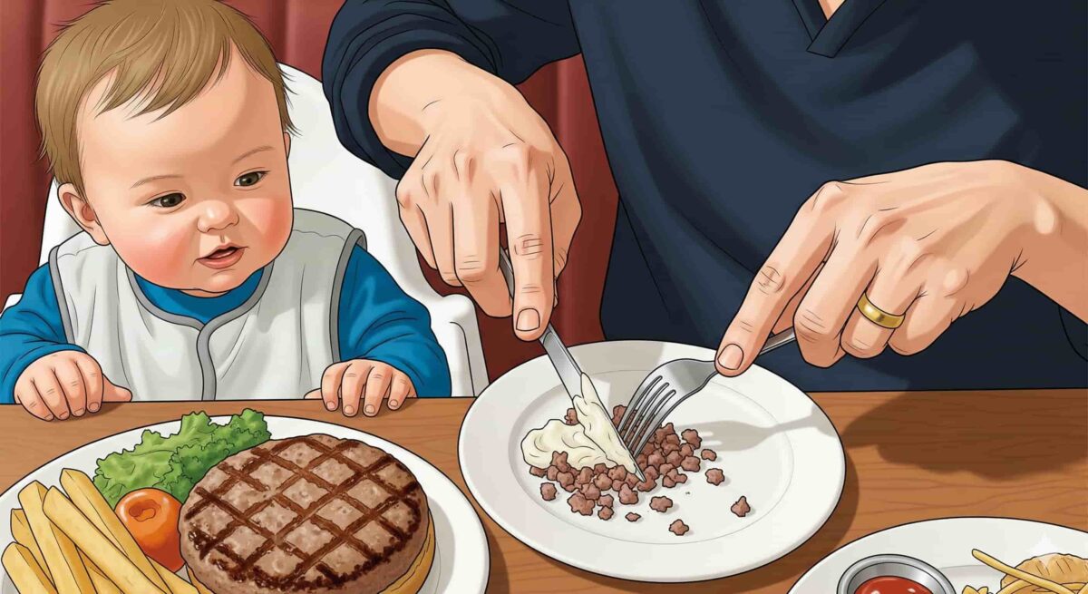 外食で、親がハンバーグのソースを取り除き、小さく切って子どもに与えているイラスト。安全に食べさせるための工夫が描かれている。