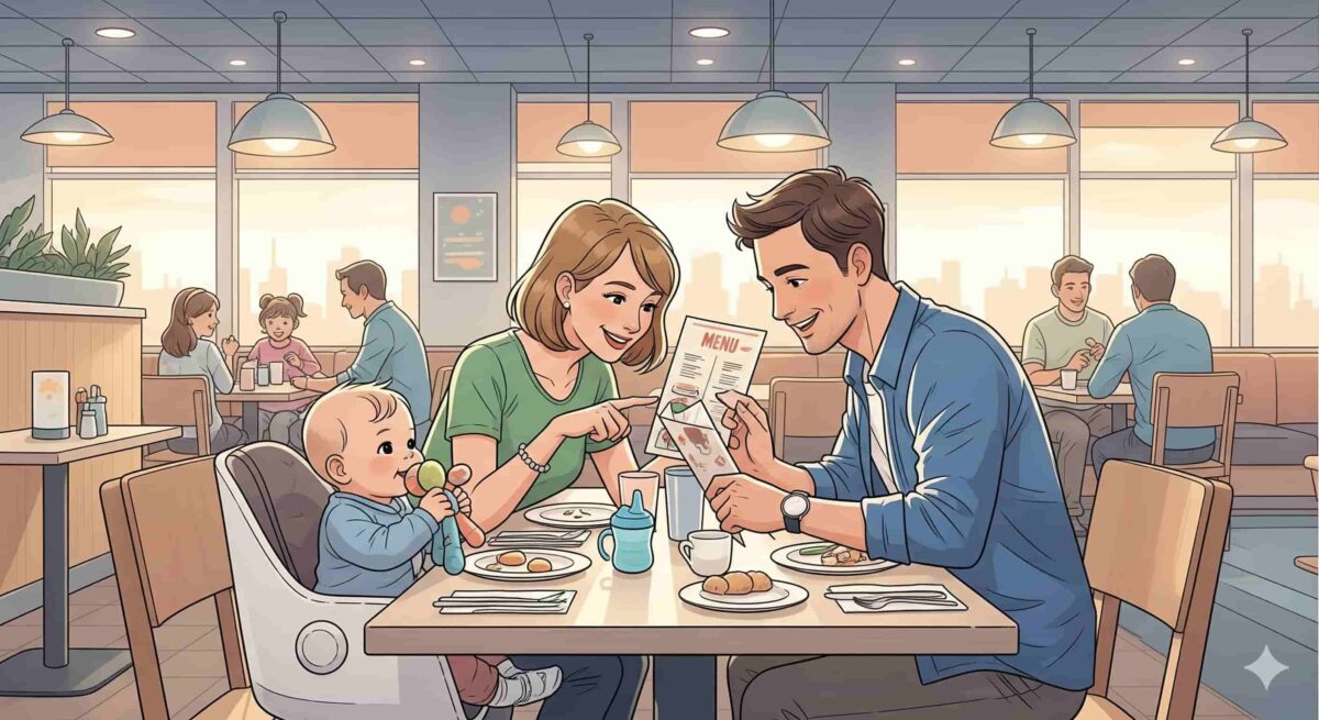 1歳児をハイチェアに座らせた若い家族が、チェーンレストランで一緒にメニューを見ているイラスト。和やかで楽しそうな食事の様子が描かれている。