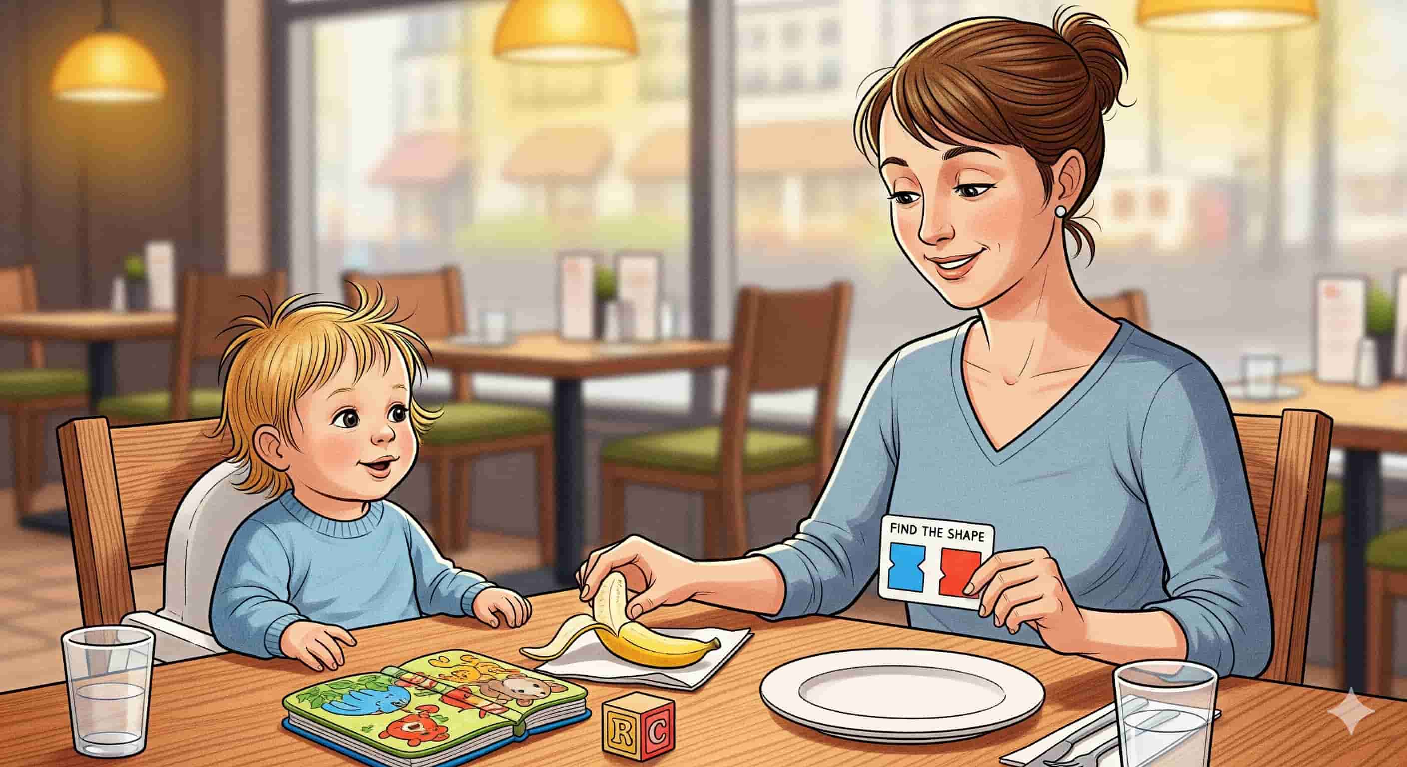 外食時、親が子どもにおやつを与えたり、絵本を読んだりしておもちゃで遊んであげたりするなど、料理を待つ間の時間稼ぎをしているイラスト。
