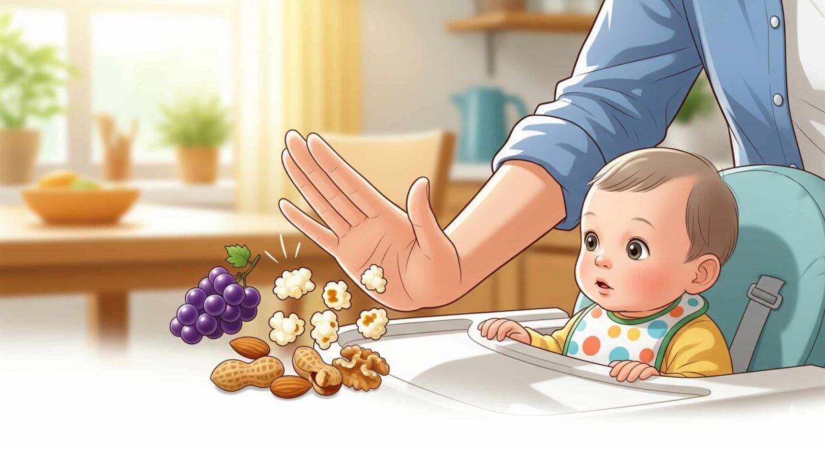 ぶどう、ナッツ類、ポップコーンなど1歳児に与えてはいけない食べ物を親が取り除いているイラスト。