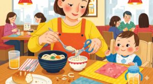 外食で、親がうどんを子どもの食べやすいように短く切ったり、取り分けているイラスト。