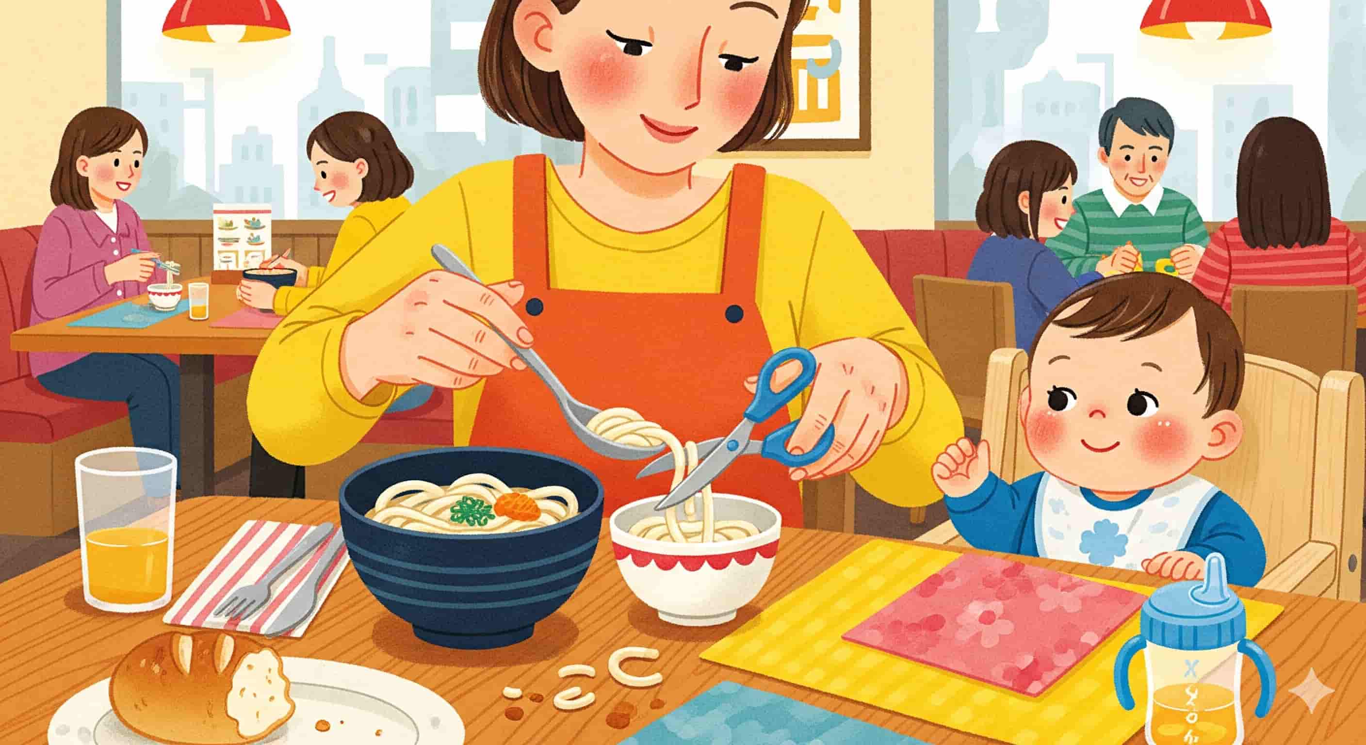 外食で、親がうどんを子どもの食べやすいように短く切ったり、取り分けているイラスト。