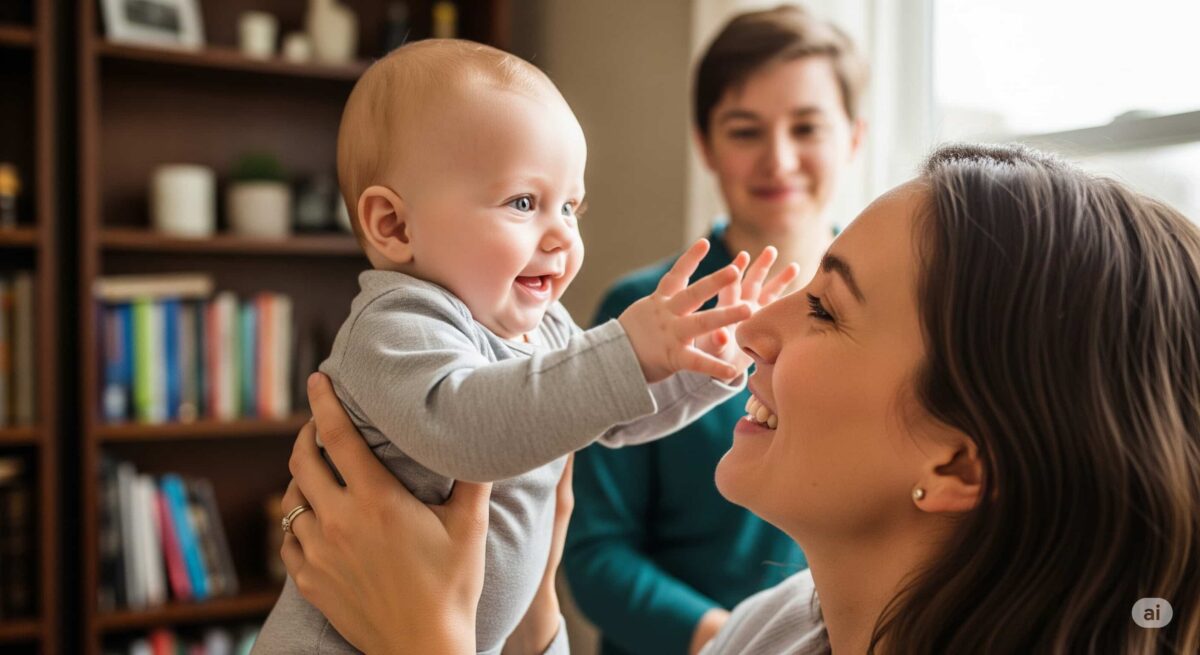 人見知りする赤ちゃんも、親との間には笑顔や豊かな感情のやり取りが見られる様子を描いたイラストです。
