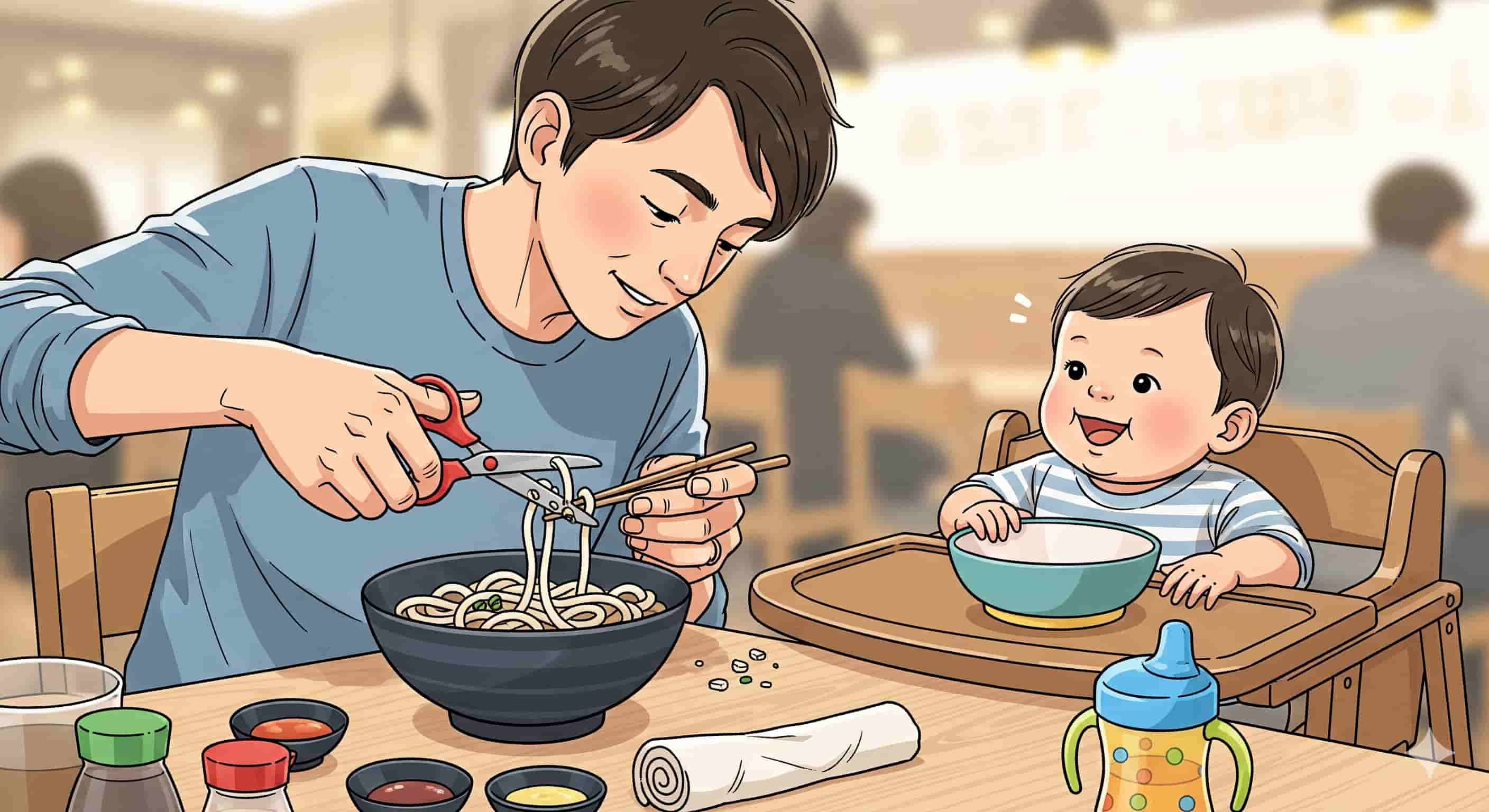 外食で、親が子ども用の小さなハサミを使い、うどんを小さく切っているイラスト。