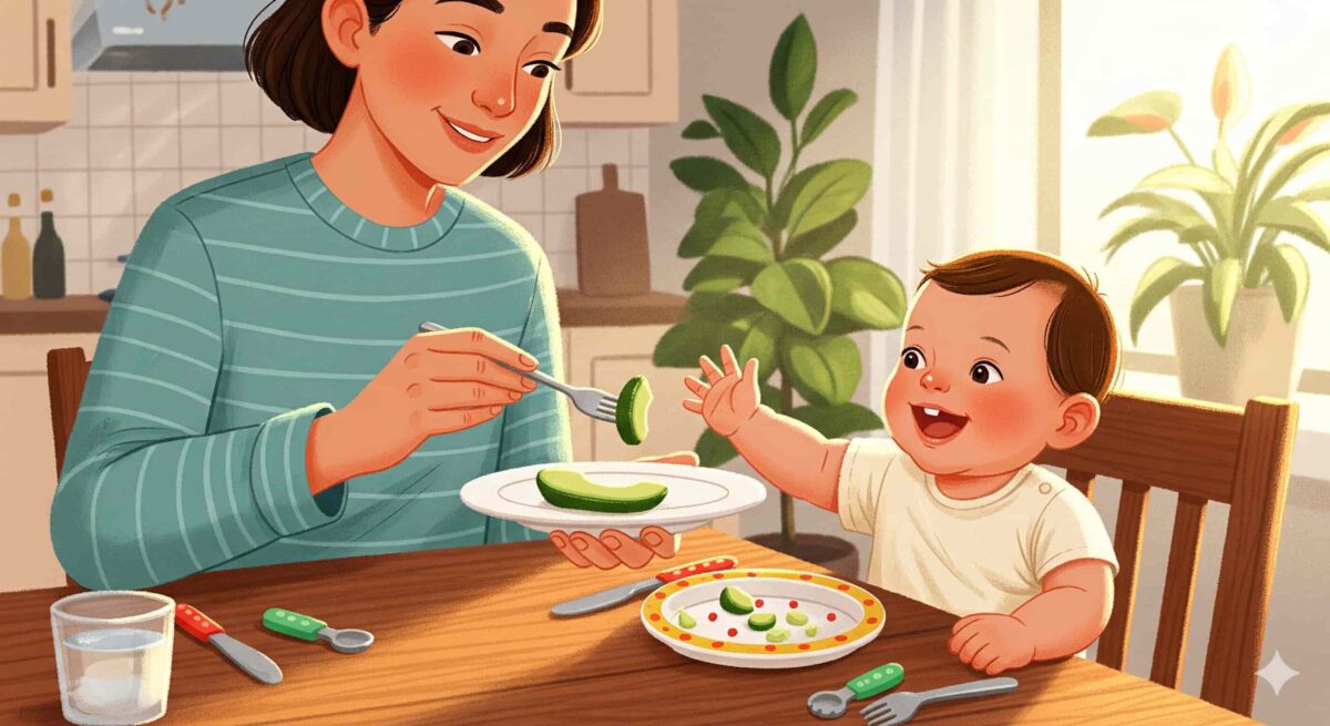 親が自分の皿から柔らかい食べ物を1歳の子どもの皿に分け与えているイラスト。子どもは楽しそうにそれを見ている。