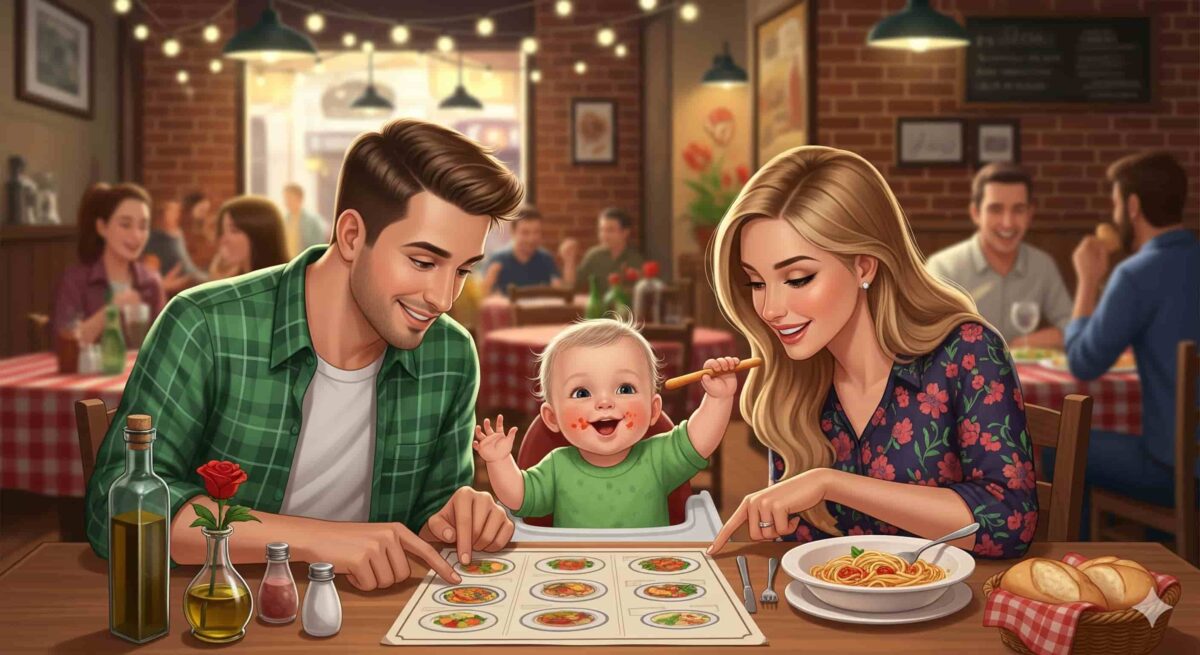 カジュアルなイタリアンレストランで、メニューを見ながら1歳の子どもに何を食べさせるか相談している家族のイラスト。