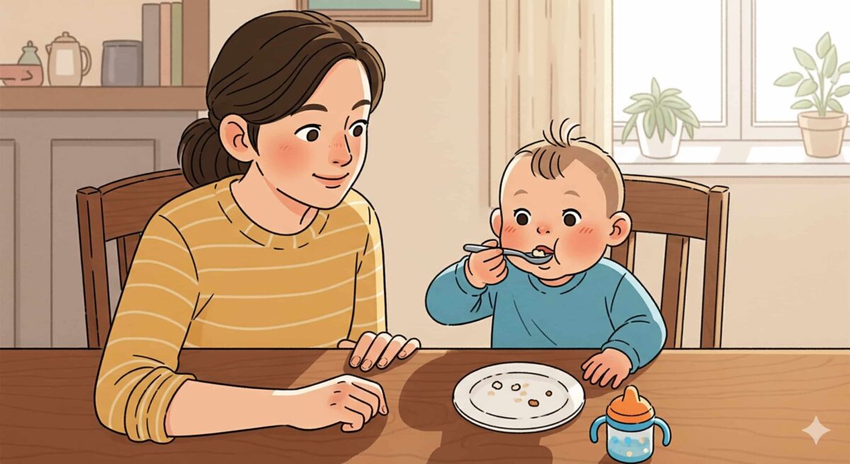 1歳児が自分でスプーンを使って食事をし、それを親が安心した表情で見守っているイラスト。
