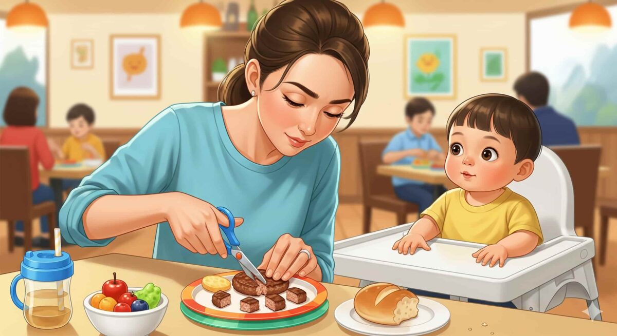 1歳半の子どもに外食で与える料理を、親が小さく切って調整しているイラスト。