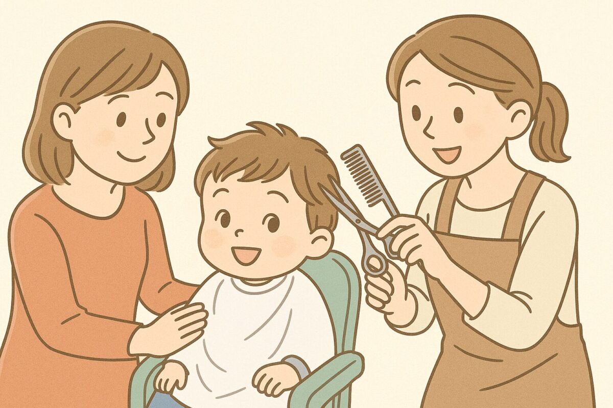小さな子どもが笑顔でヘアカットしているイラスト