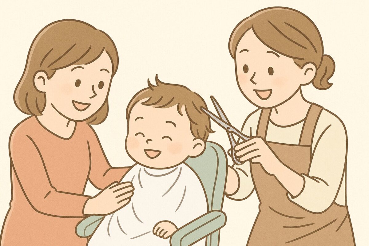 赤ちゃんが初めて髪をカットする様子を描いた可愛らしいイラスト