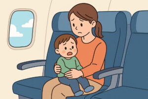 膝の上に2歳児を抱える母親が機内で困っている様子のイラスト
