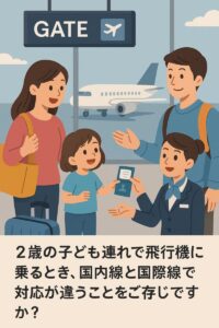 2歳児と一緒に飛行機へ搭乗する家族のイラスト。搭乗ゲートでスタッフとやり取りする様子