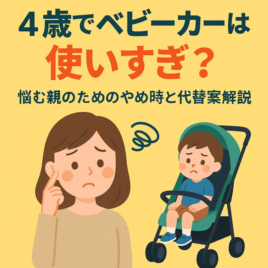 4歳の子どもとベビーカーに関する悩みをイメージしたイラスト。テーマパークや外出先での利用シーンを表現。
