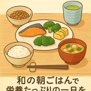 ごはん、味噌汁、焼き魚、野菜のおかずが並ぶ、3歳児向けの和朝食イラスト