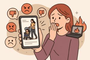 SNS上でベビーカー利用が炎上している場面のイラスト