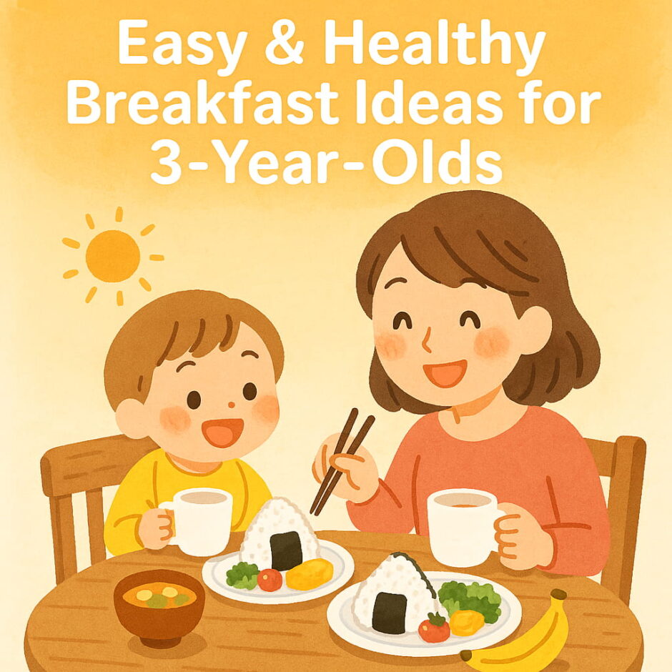 母親と3歳の子どもが朝ごはんを楽しんでいるイラスト。明るく優しい雰囲気の食卓シーン。