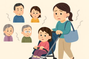 周囲の視線が気になるベビーカー利用中の親子の様子