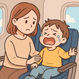 機内で泣く子どもと困っている親のイラスト。周囲の乗客の表情も描写