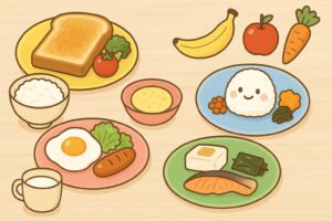 3歳向けの朝ごはんレシピが並ぶイラスト