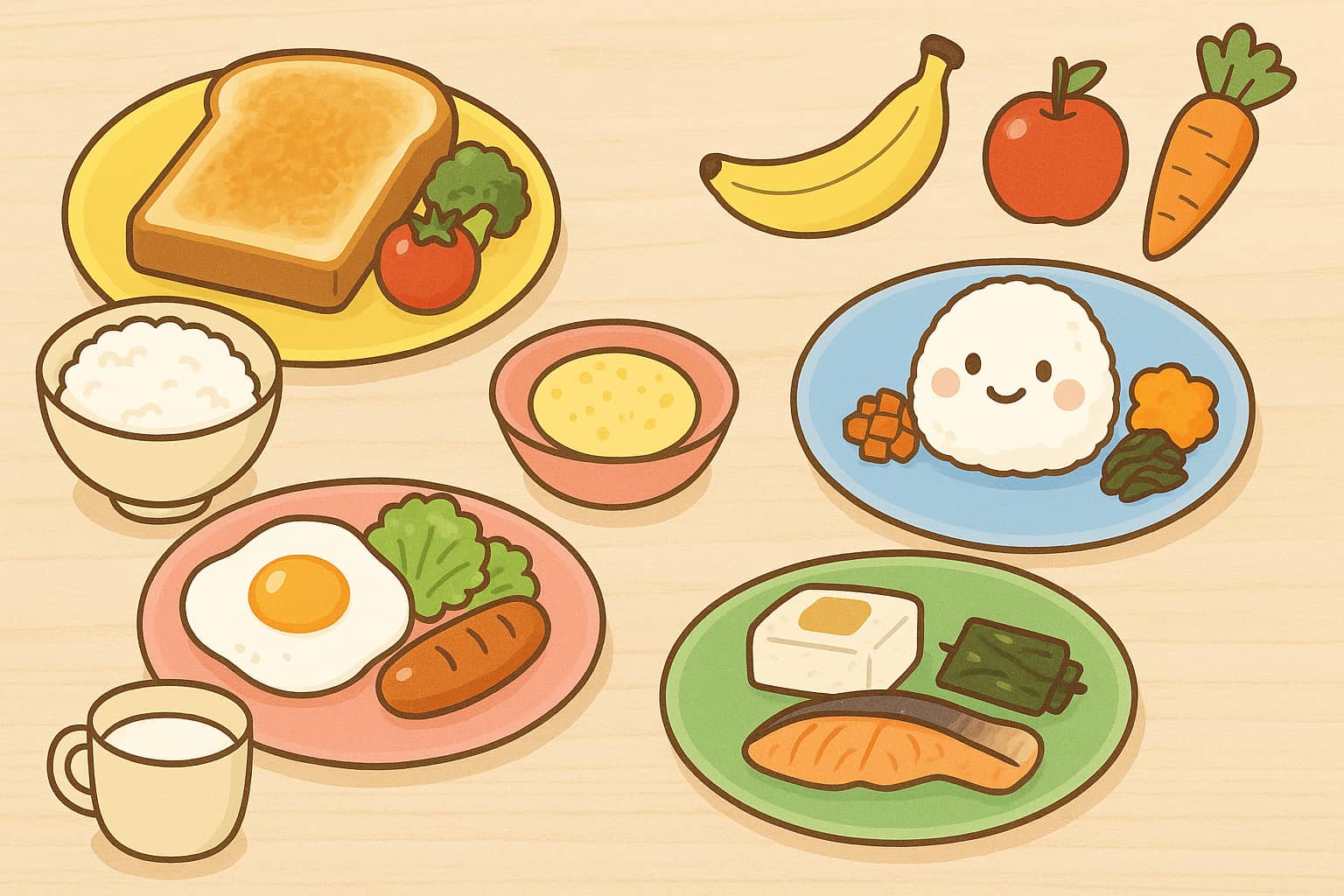 3歳向けの朝ごはんレシピが並ぶイラスト