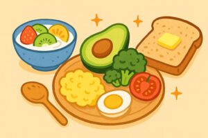 朝の食卓に並ぶヨーグルト、バナナ、牛乳など、3歳児におすすめの軽めの朝ごはんを描いたイラスト