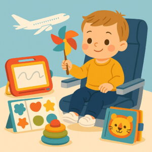 機内でおもちゃを使って楽しそうに遊ぶ2歳児のイラスト