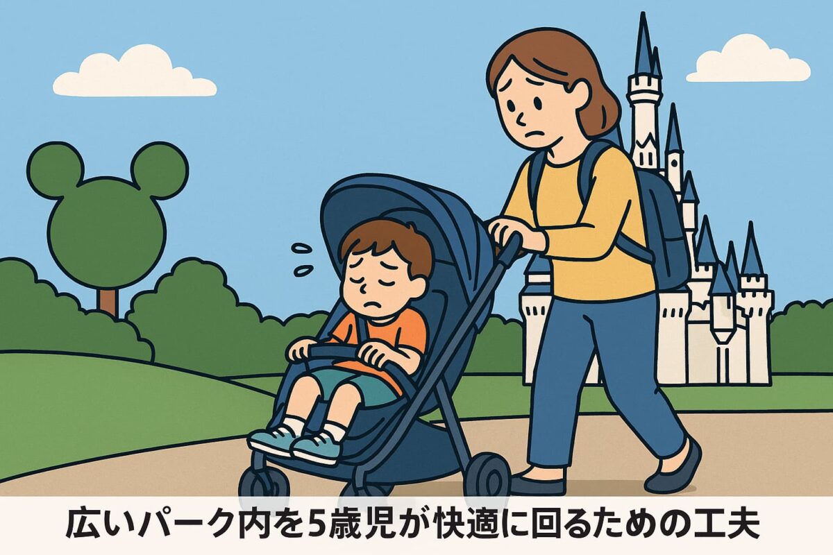 ディズニーでベビーカーを押す母親と疲れている子どものイラスト