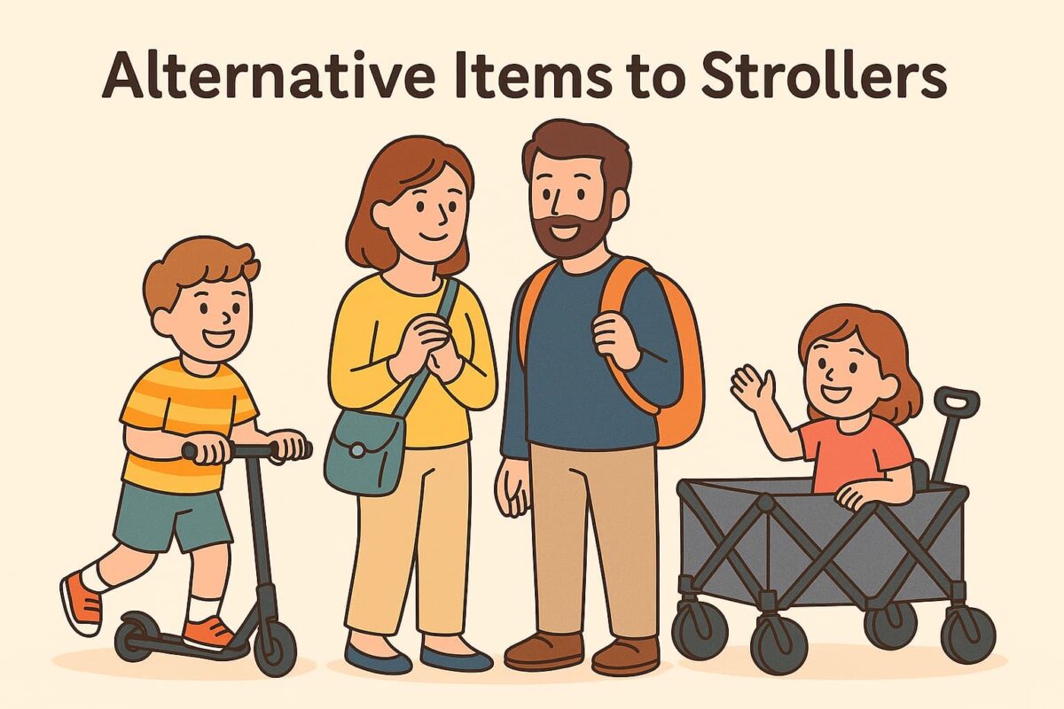 キックスクーターやキャリーカートを使う親子のイラスト