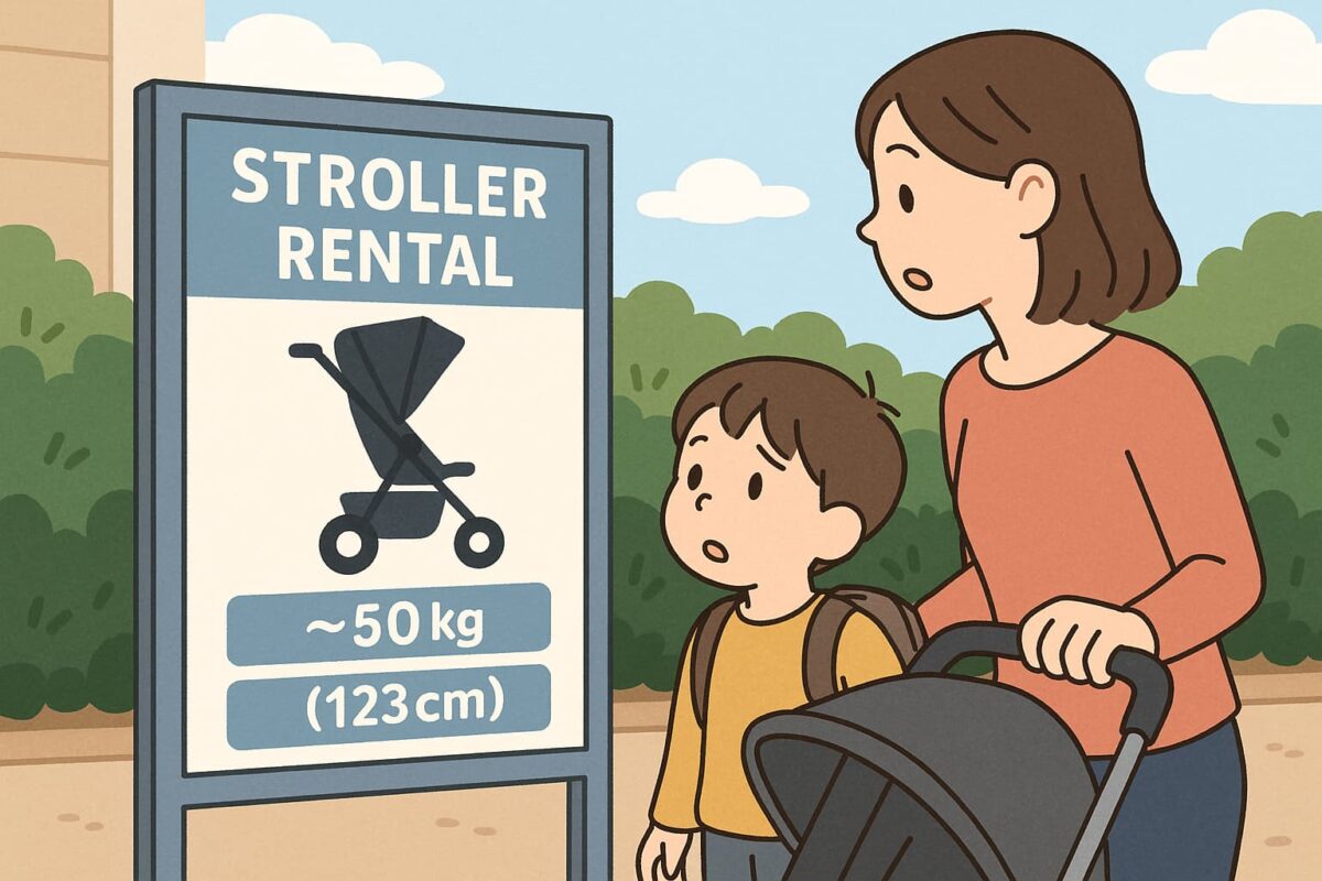 レンタルベビーカーの案内板を見る親子のイラスト