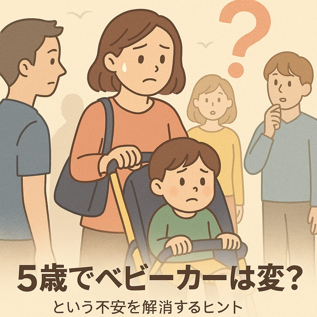 周囲の目を気にしながらベビーカーを使う親子のイラスト