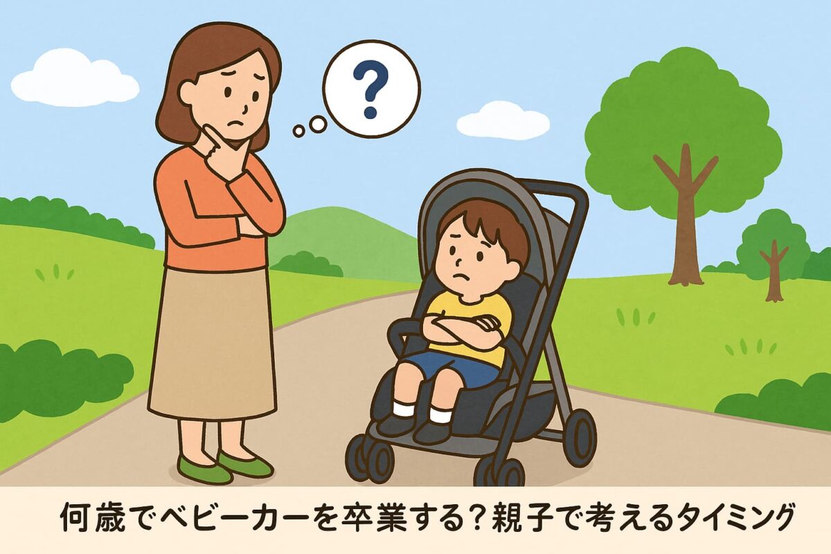 ベビーカーの卒業を考える親子のイラスト